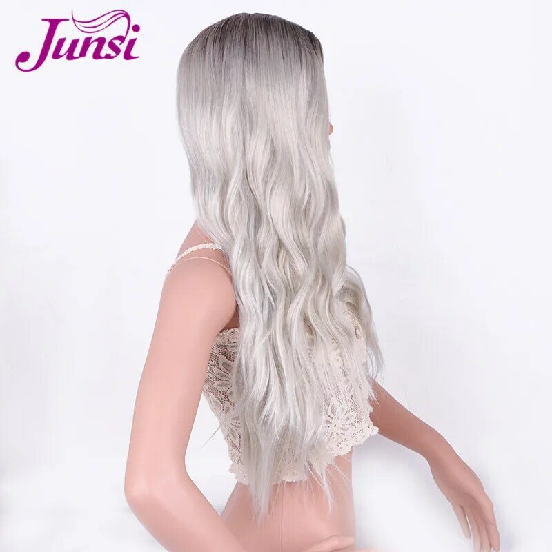 JUNSI  Gradient Grey Long Curly Synthetic Wigs For  Women Glueless Wavy Cosplay Wigs Heat Resistant Daily Wig