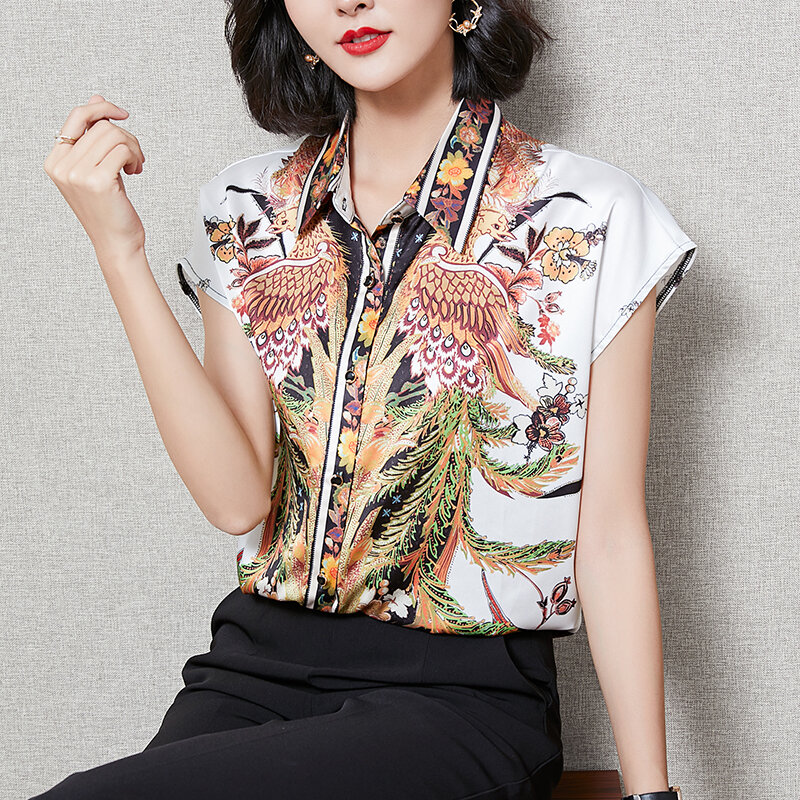 Camisas de satén con estampado para mujer, blusas cortas de seda con cuello de Polo, botones de un solo pecho, moda de verano, 2022