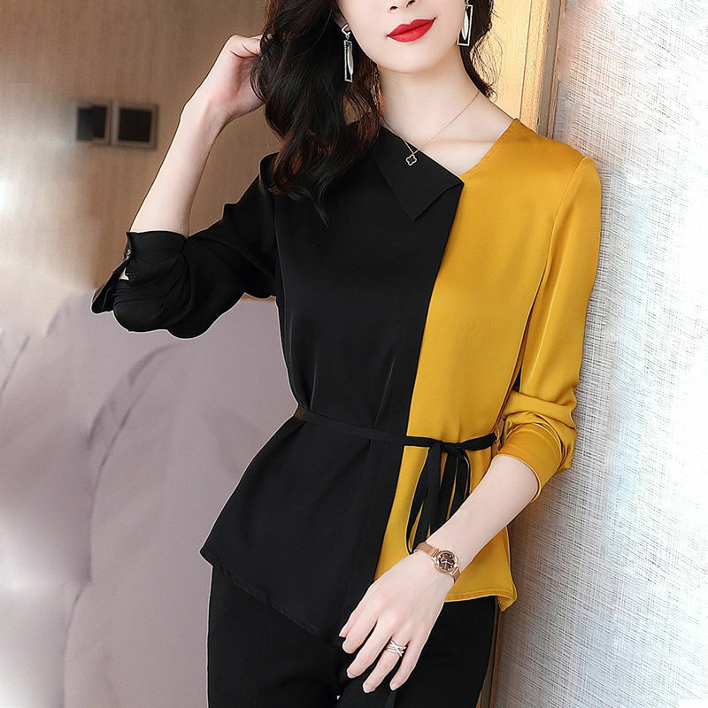 Frauen Blusen Büro Dame Chiffon Tops Kontrast Farbe Asymmetrie Langarm 2021 Frühling und Herbst Koreanische Mode Shirts blusas