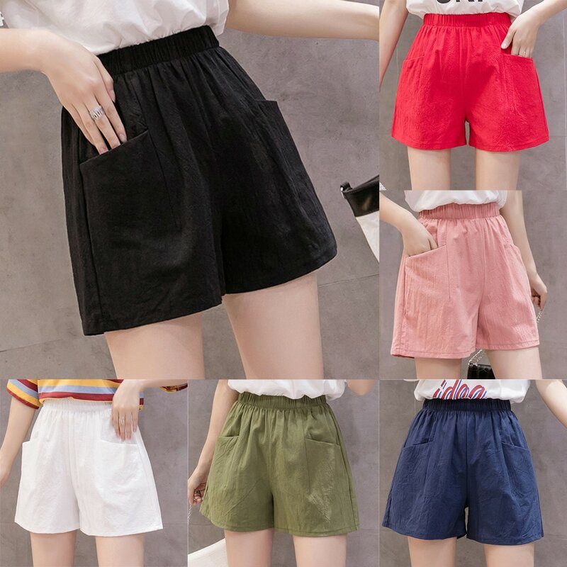 2021 Fashion Solid Linen Shorts Women's Spring Summer Elastic High Waist Loose Casual Pockets Wide Leg Linen Shorts S-xxl