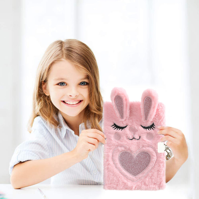 Plush Notebook with Lock Cute Rabbit Fox Diary Journal for Kids Girls Boys 2022 Secret Planner Organizer Back to School Gift