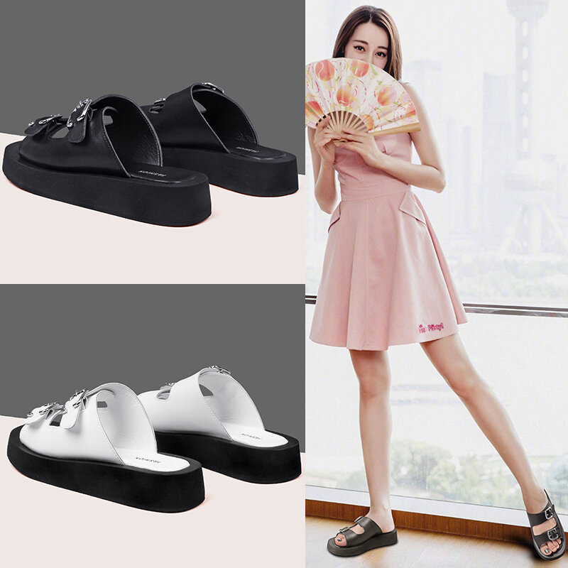 AIYUQI Summer Slides Women 2022 New Genuine Leather Ladies Slippers Flat With Muffins Outside Wear Beach Slippers Women