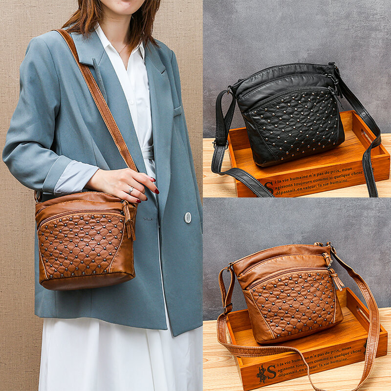 Moda damska małe torebki ze skóry PU dla kobiet 2021 Vintage torebki damskie Solid Color Mini Zipper nitowa torba Crossbody