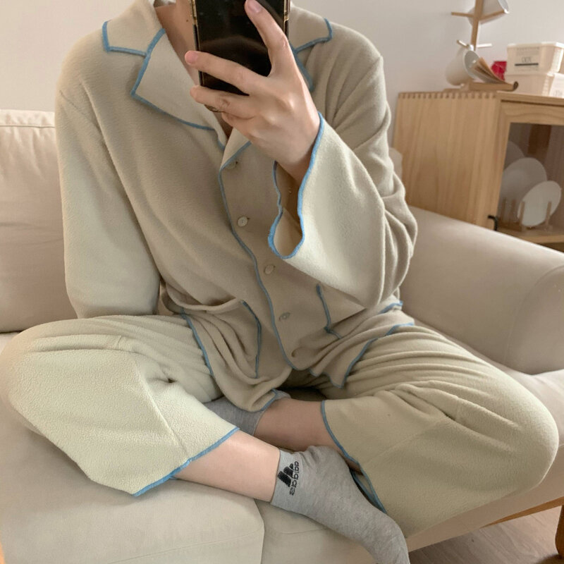 Coreano Chic suave y cómodo suelta de lana Polar pijamas de las mujeres de primavera suelta Color de contraste vinculante Homewear traje