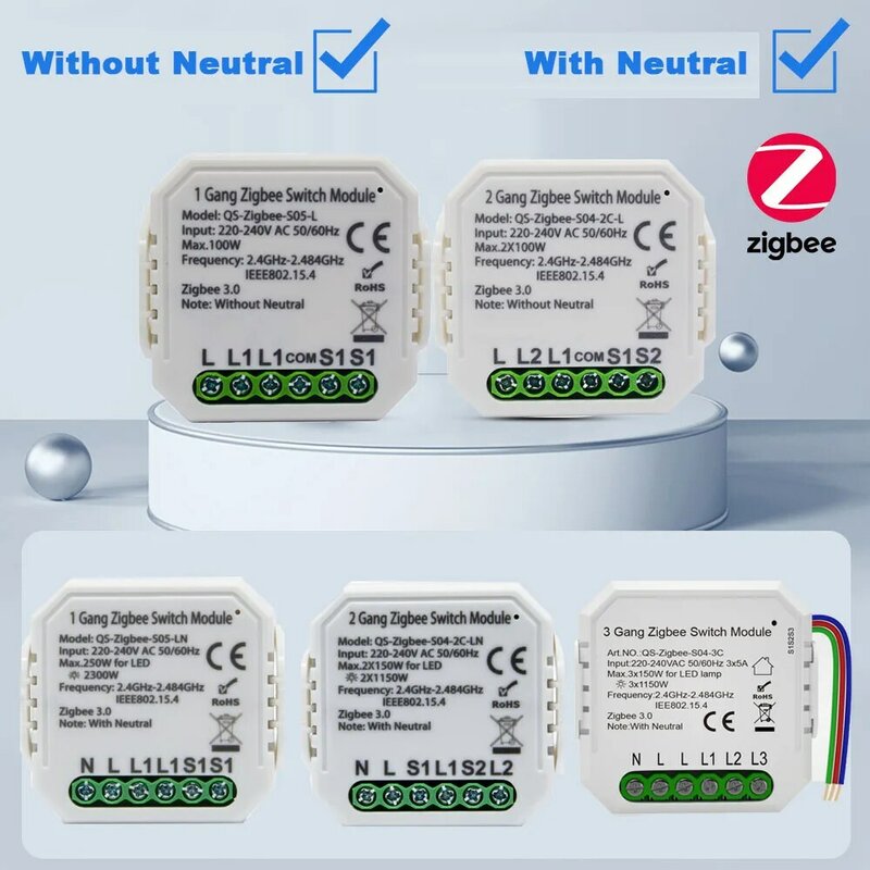 Lonsonho Tuya Zigbee Smart Switch Module No /With Neutral EU 220V 2 Way Wireless Light Switch Relay Zibee2MQTT Home Assistant