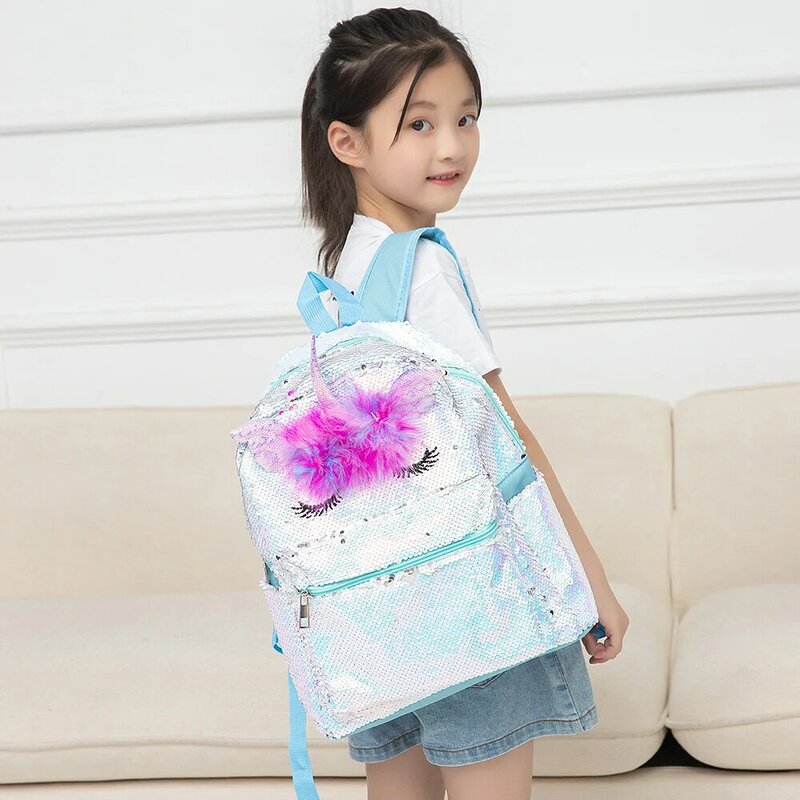 Mochila de unicórnio com lantejoulas para meninas, mochila escolar infantil de desenho animado com lantejoulas e glitter