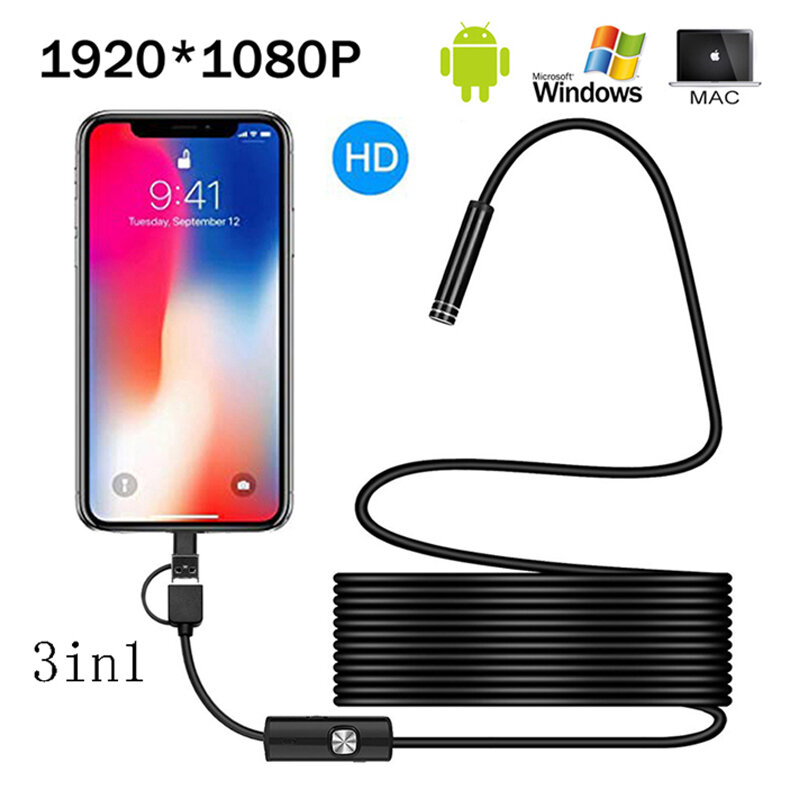 Mini caméra android endoscope USB IP67 1080P, 1920 x 1080P, pour inspection, boroscope, câble serpent longeur de 1 m, 2m et 5m