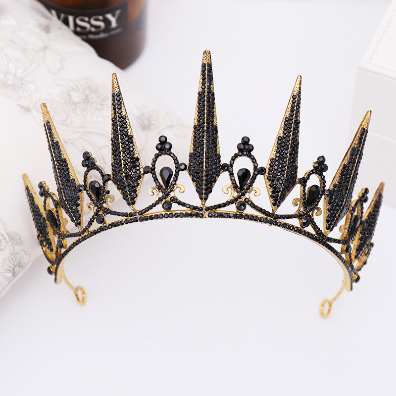 สูงแฟชั่น Retro Baroque สไตล์โลหะสีดำคริสตัล Tiaras Crowns de Noiva Headbands เจ้าสาวเจ้าสาวงานแต่งงาน diadema