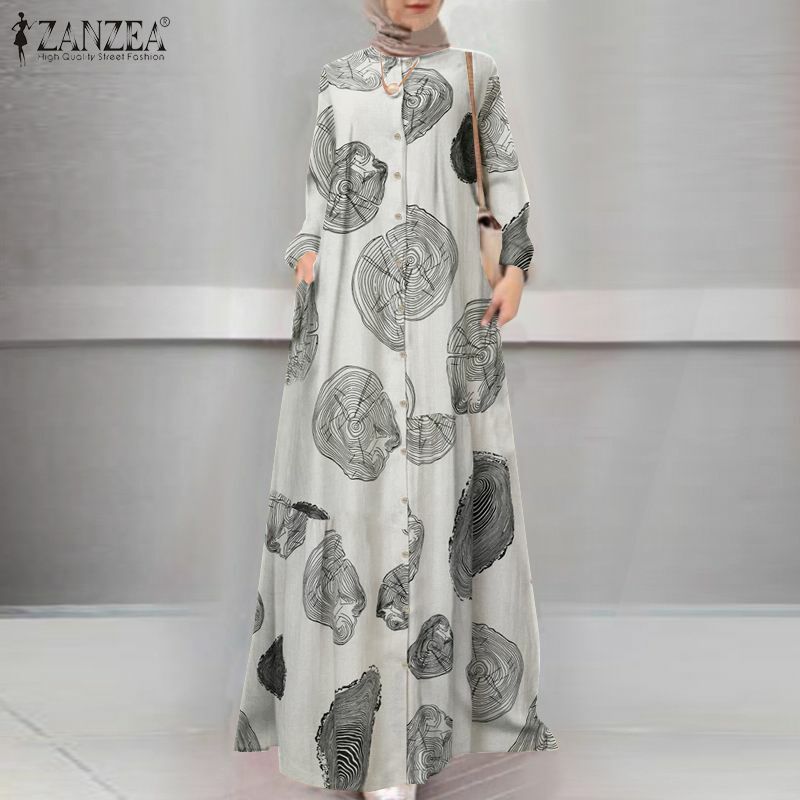 ZANZEA Frauen Maxi Lange Kleid Casual Dubai Türkei Abaya Hijab Kleid Jilbab Islamische Kleidung Robe Vintage Gedruckt Sommerkleid Femme