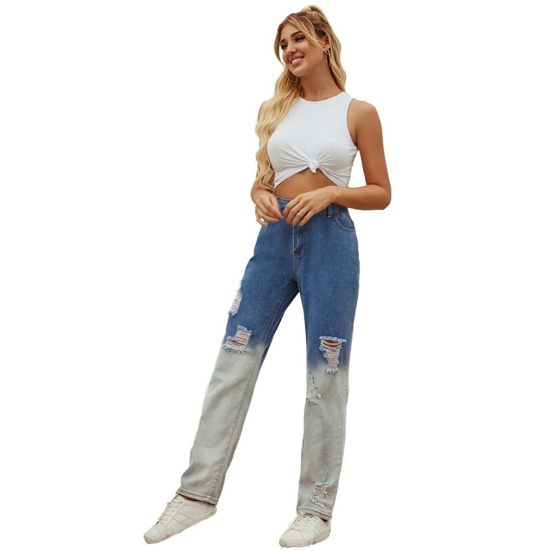 Difiupai Womens Broek Vantage Gescheurd Broek High Rise Taille Stretch Contrast Kleur Denim Lange Rechte Pijpen Jeans Blauw
