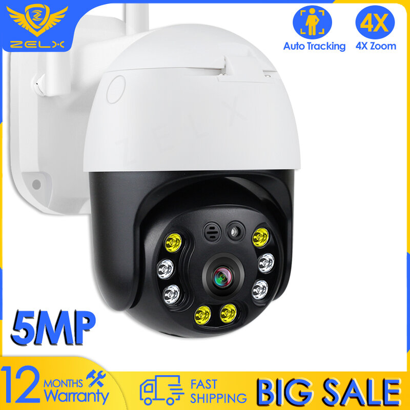 5MP PTZ Outdoor Home IP Camera WiFi Auto Tracking Waterproof Security CCTV Wireless Camera Two Way Audio P2P Network IR Night 4X