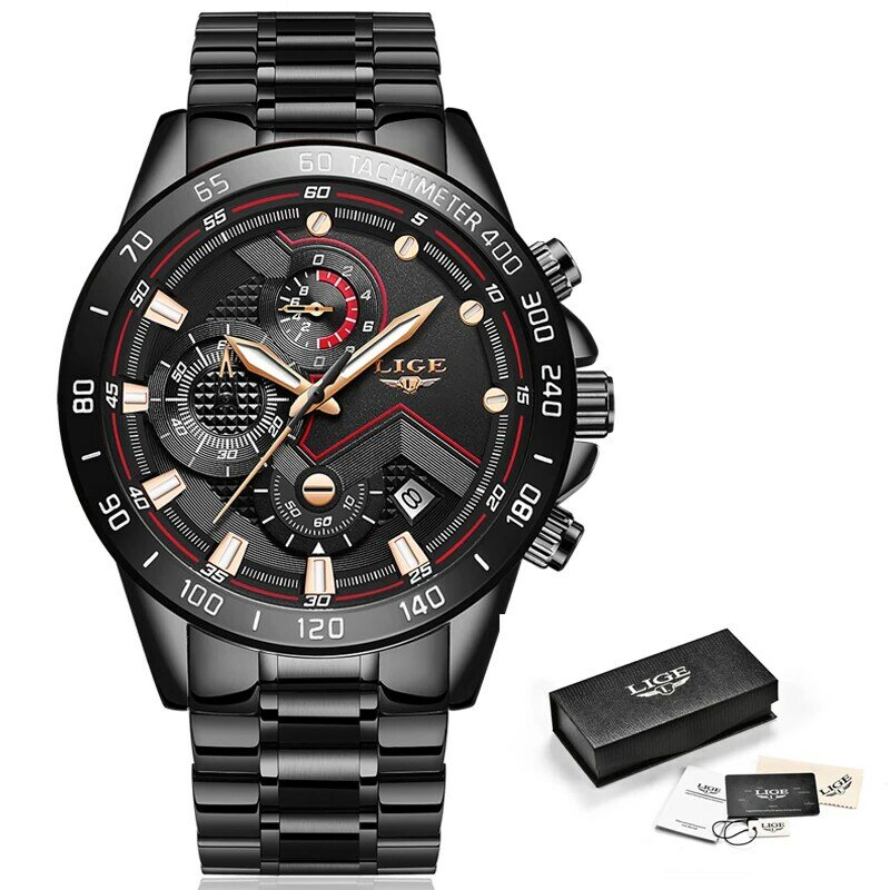 LIGE-Reloj deportivo de lujo para hombres, cronógrafo de cuarzo y acero inoxidable, marca superior, a la moda, color negro, 2020