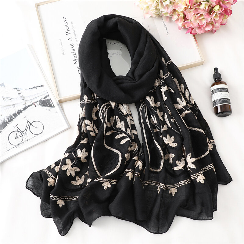 Lenço de inverno para mulheres bordado algodão hijab xales senhora envoltórios pashmina cachecóis impressão floral feminino foulard bandana 2021
