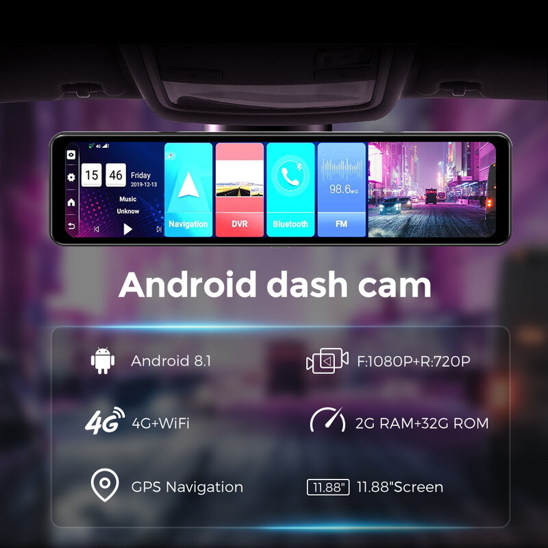 Azdome gravador de carro app monitor remoto navegação gps câmera visão traseira 4g rede espelho retrovisor do carro 12 polegada wifi adas carro dvr