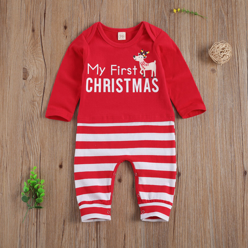 Neonato neonato neonato ragazzi tuta natalizia girocollo cartone animato striscia stampata pagliaccetto lungo abiti in cotone