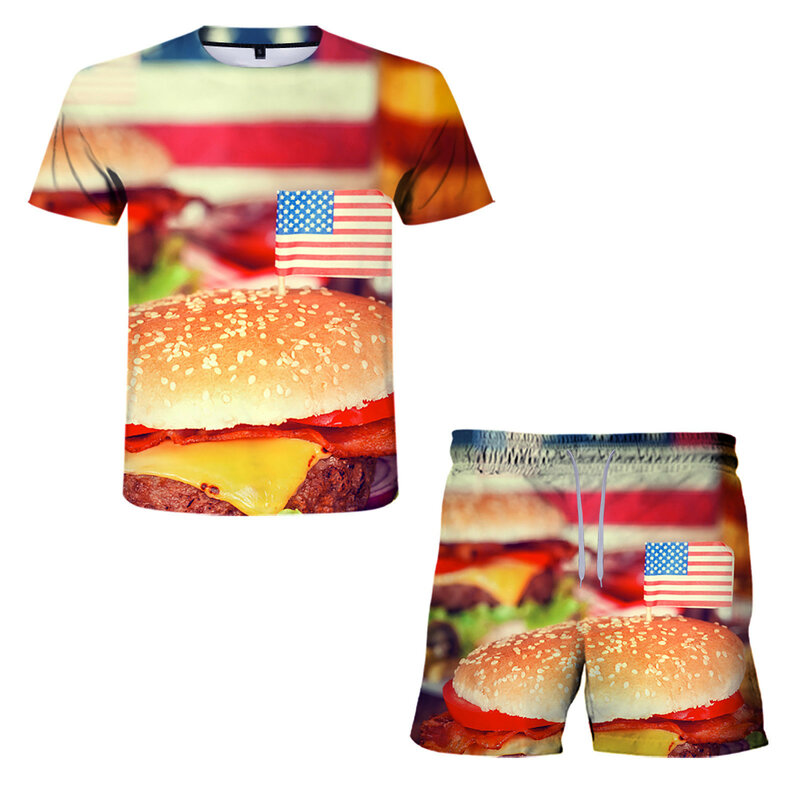Мужские комплекты 64 #, летняя футболка с 3D-принтом американского флага и гамбургеров и шорты с коротким рукавом, мужские комплекты, повседне...