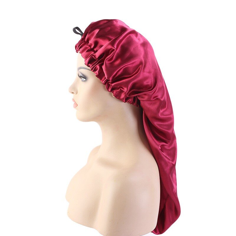 New Oversized Elastic Satin Barrel Silk Long Hair Bonnet Breathable Sleeping Cap Turban Sleep Headwear Hats for Adult