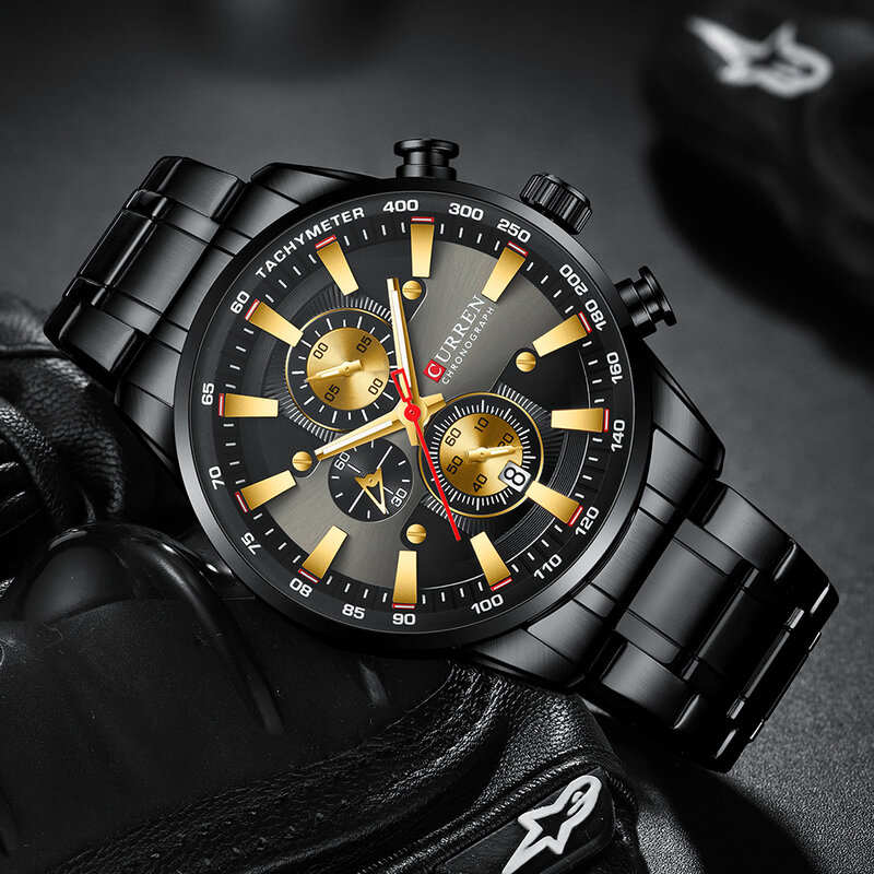 カレンハイエンド男性のスチールベルトの腕時計、ビジネスポータブルシンプルなカラー腕時計、防水3ダイヤルメンズ腕時計