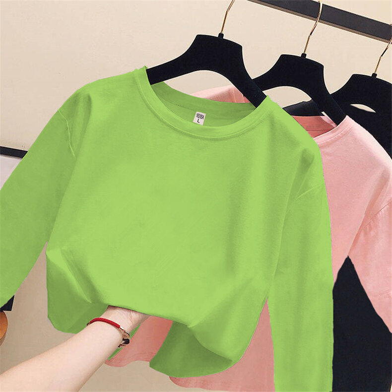 Einfarbig Lange-Ärmeln T-shirt frauen Frühling/Herbst/Winter Koreanische Dünne Inneren Spiel Basis Hemd Westlichen stil Student