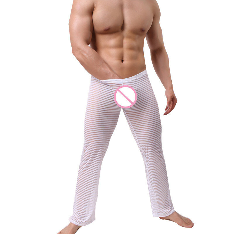 Pantalones de pijama largos para hombre, ropa de dormir Sexy, a rayas, de malla transparente, suave y cómoda, divertida, de seda, para estar en casa, 2018