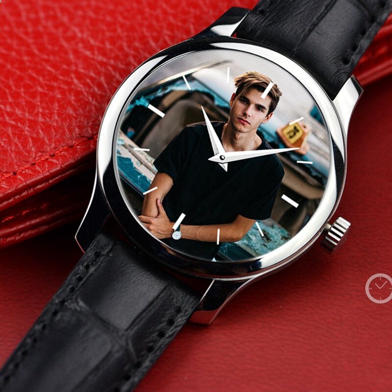 디자인 시계 남성용 사진 쿼츠 손목 시계, 표면 직경 40mm 가죽 스트랩 수제 맞춤 선물