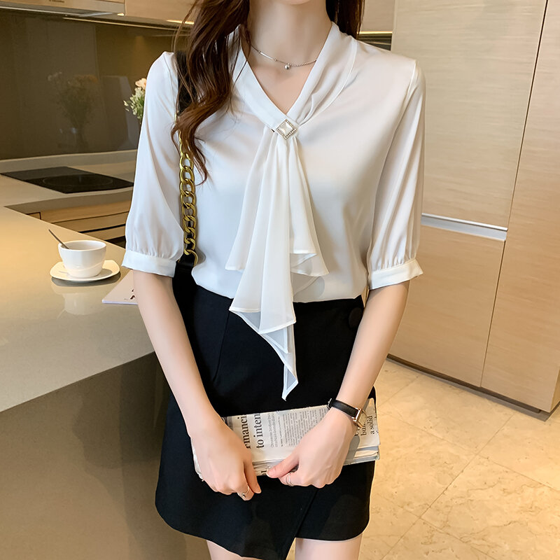 Camisa de gasa con cinta para mujer, blusa básica de manga corta con cuello en V, 2021