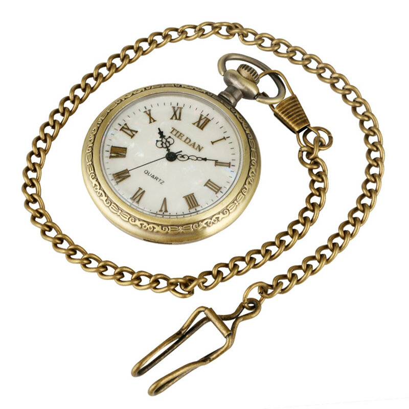 Reloj de bolsillo de cuarzo con números romanos para hombre y mujer, pulsera colgante Vintage, cadena de suéter Fob, bronce Retro