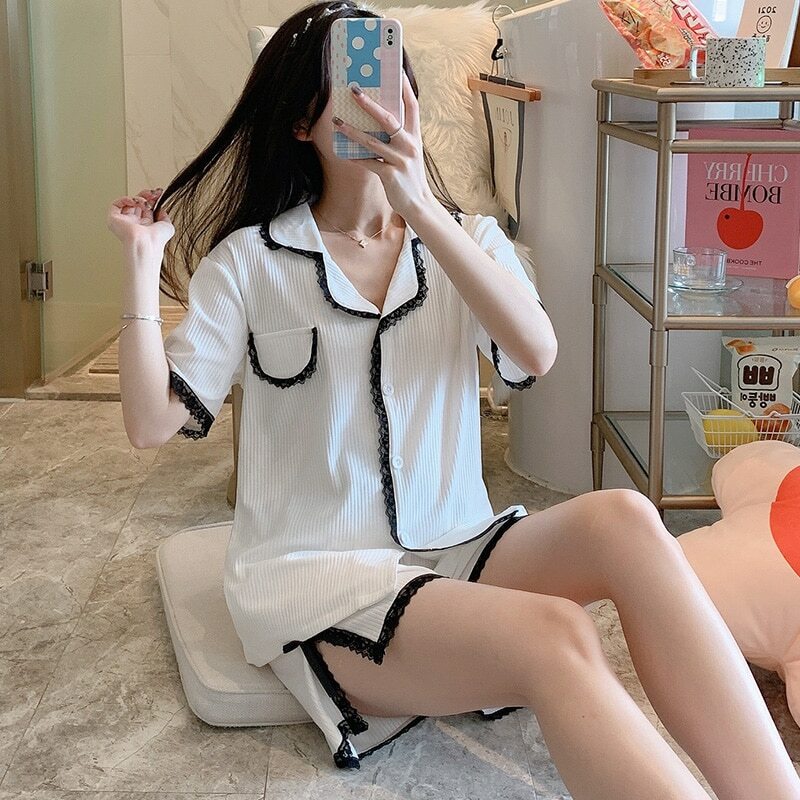 Gilet Manches courtes Pyjama femme D'été En Pur Coton Mignon Dentelle Blanc Costume Décontracté Mince Coréen Style Printemps et Automne