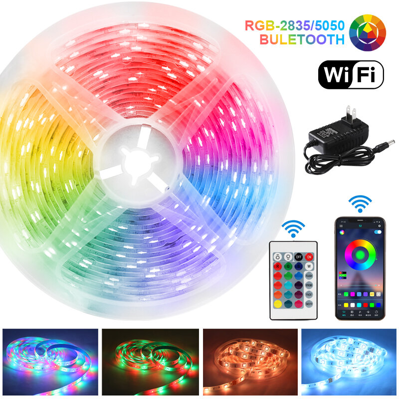 Bluetooth WiFi Luces Led LED Streifen Lichter RGB5050 SMD2835 Flexible Wasserdichte Klebeband Diode 5M10M15M DC12V Fernbedienung Beleuchtung