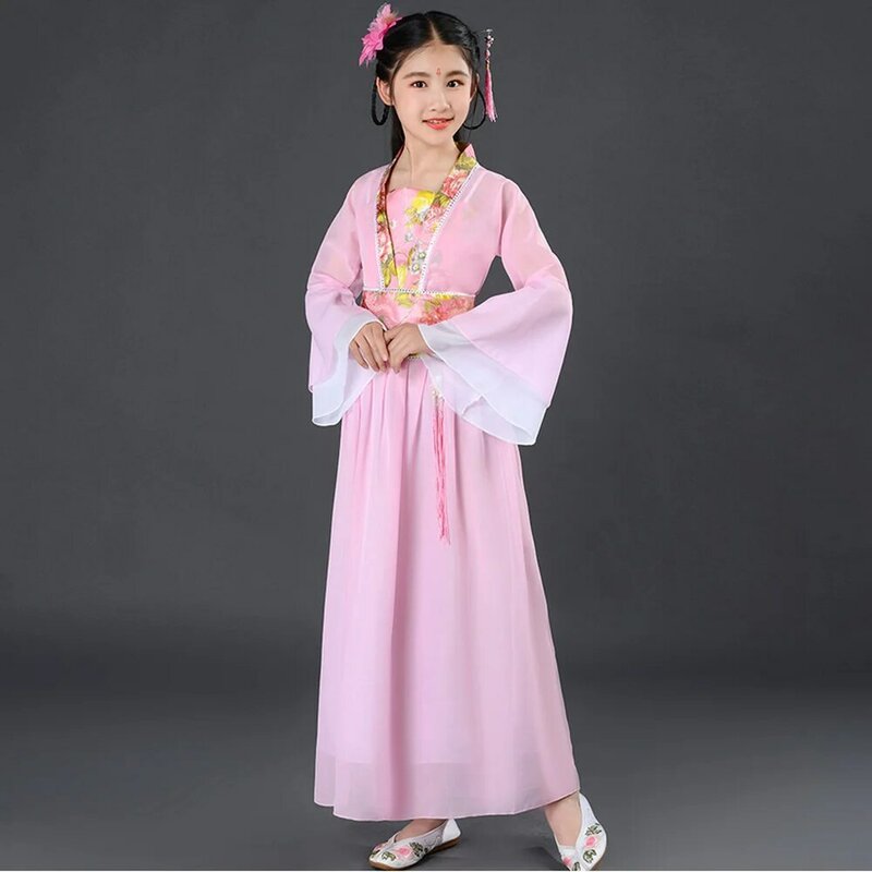 Ropa de verano tradicional china antigua para niñas, hada rosa, Hanfu, vestido de actuación de escenario para niños