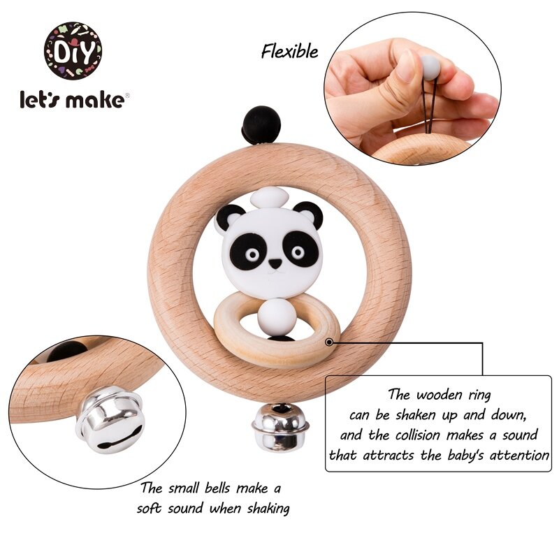 Zróbmy zabawki grzechotki dla niemowląt dla noworodków dzwonek do łóżka drewniany pierścień 0-12 miesięcy buk 1PC zwierząt Panda drewno gryzak zabawki edukacyjne