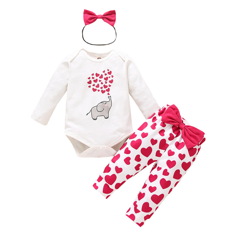0-18M Autumn Spring Newborn Infant Baby Girl Clothes Set Heart Elephant Print Romper Bow Pants Valentine's Day Outfits
