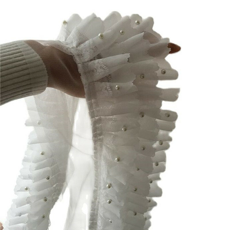 Tela plisada de encaje con cuentas de tul, suministros de artesanía de guipur, cinta embellecedora de encaje blanco, accesorios de costura, 1M, 11cm, K15