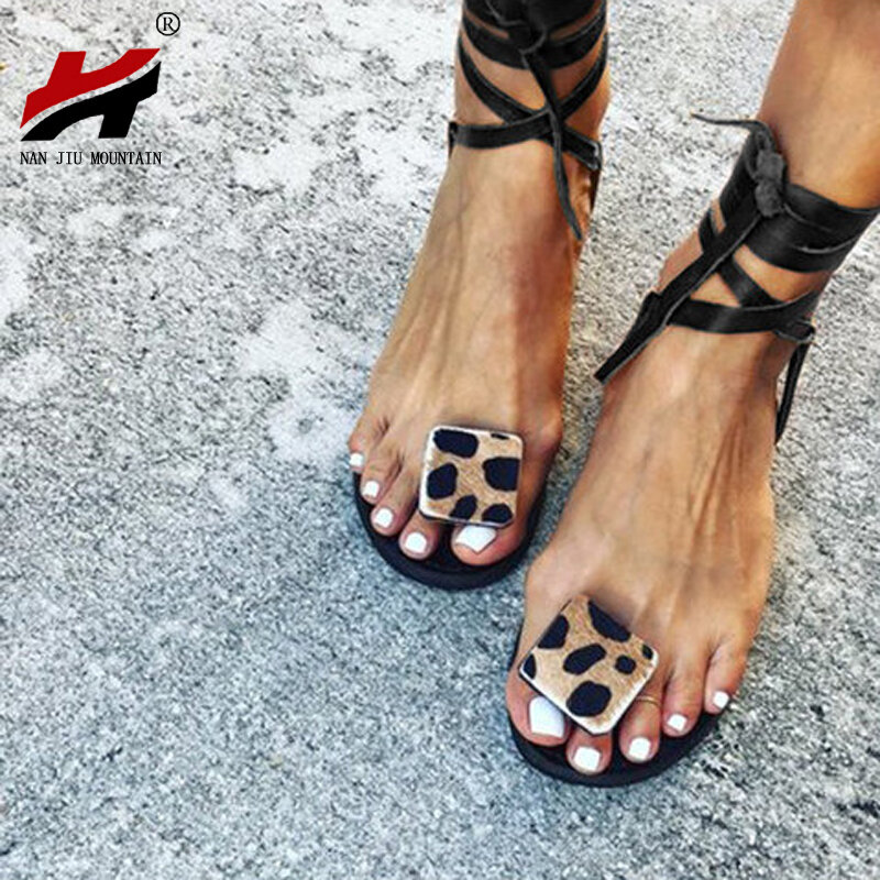 NAN JIU MOUNTAIN 2020 Summer Strap Sandals Women's Flats Open Toe Leopard Casual Shoes Rome Plus Size 35-43