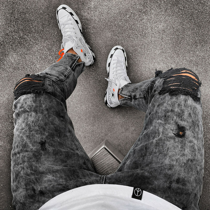 Jeans Ramping Sobek Hitam Desainer Keren Fashion Kasual Pria Celana Denim Potongan Pas Badan Berjumbai Musim Gugur Jeans Hip-Hop S-3XL