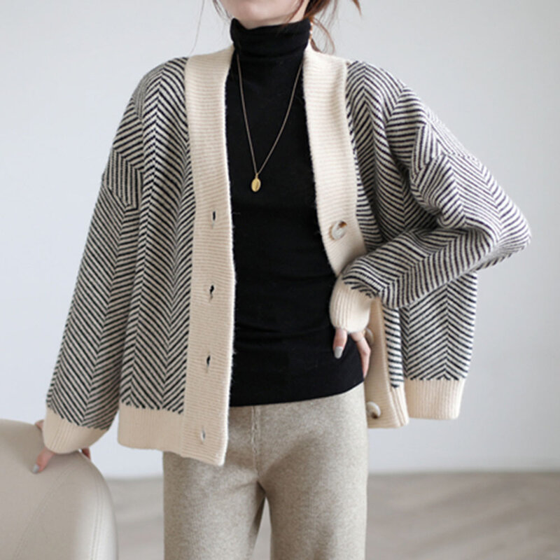 2021 Spring Autumn Retro Knitted Cardigan Women&#39;s Striped Loose Jacket Thick Casual Single-breasted Long-sleeved Sweater Korea