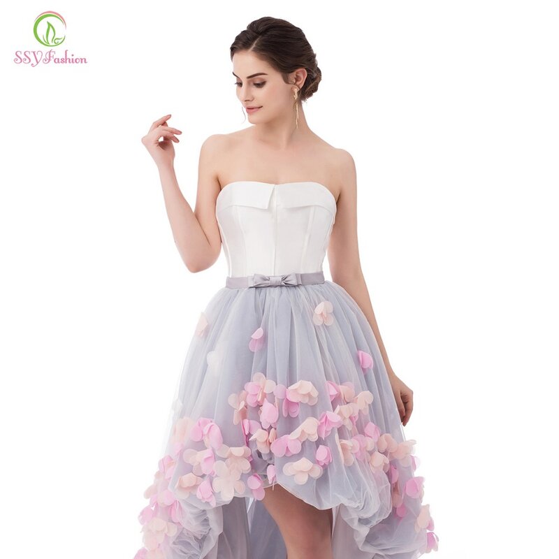 SSYFashion-فستان سهرة دانتيل ، مثير ، بدون حمالات ، قصير من الأمام ، طويل من الخلف ، نمط الأزهار ، للعروس ، ملابس رسمية