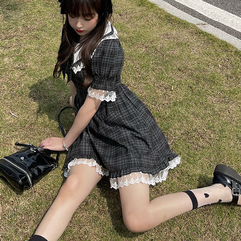 여름 일본 부드러운 소녀 귀여운 인형 칼라 활 슬림 허리 격자 무늬 드레스, 디아블로 고딕 하라주쿠 레이스 공주 카와이 로리타 드레스
