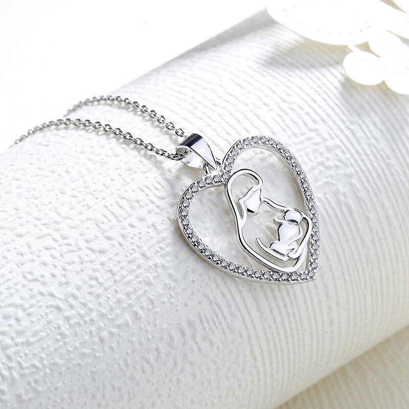 Sodrov Sterling Silver 925 Mother and Child Love Pendant Necklace Heart Silver Necklac