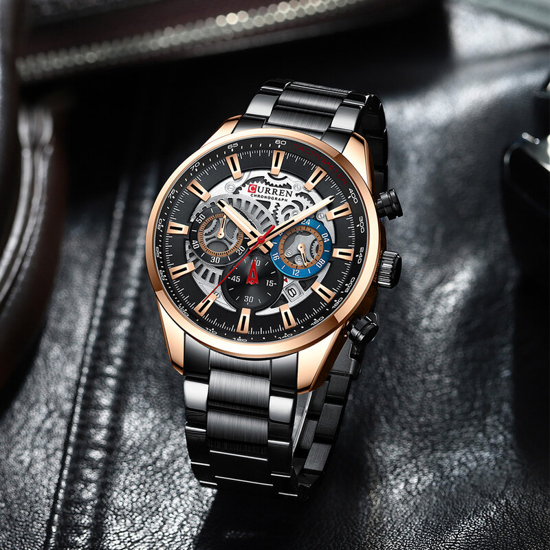 2021 relógios masculinos curren quartzo relógios de pulso moda casual esportes aço inoxidável relógios cronógrafo e luminoso mãos relógio