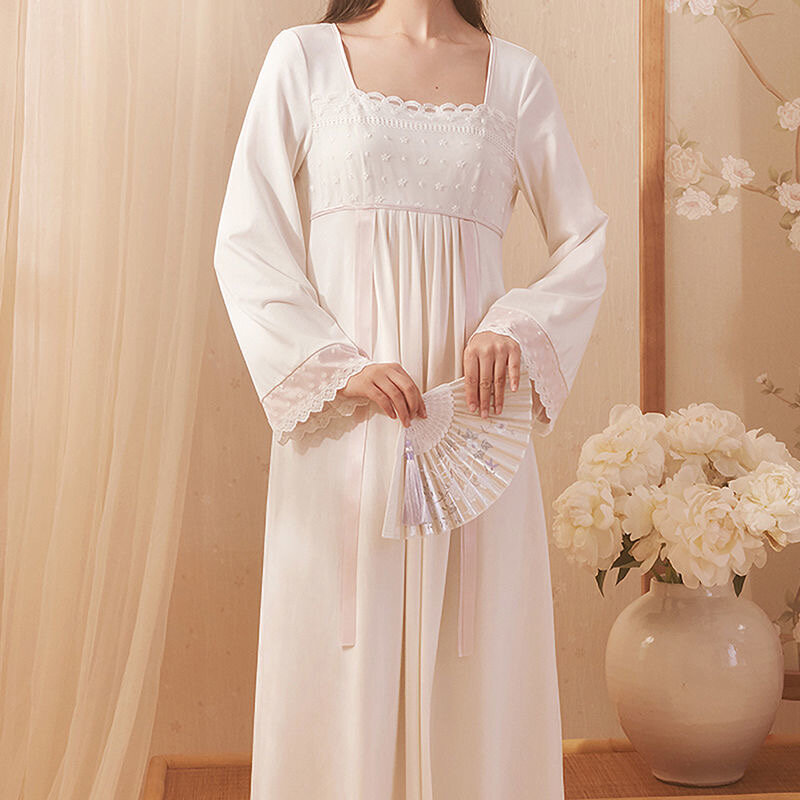 Fdfklak-vestido de noche de algodón de manga larga para mujer, camisones largos de encaje, ropa de noche de primavera, 2022