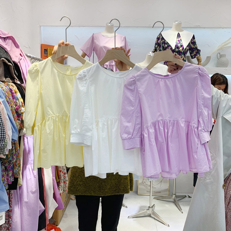 韓国東大門2021春/夏新パフスリーブ甘い裾プルオーバーラウンドネックスリムフィットシャツトップ流行の女性
