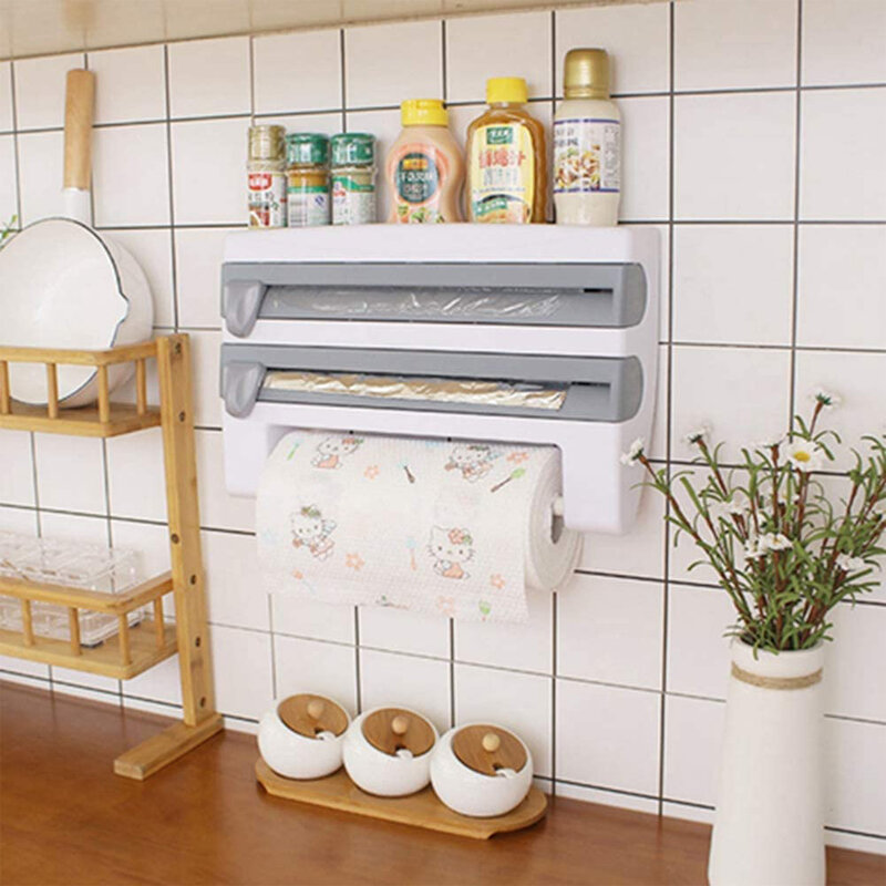Plástico envoltório cortador de cozinha dispensador para estanho folha filme rack armazenamento prateleiras titular cozinha papel toalha organizador casa gadgets