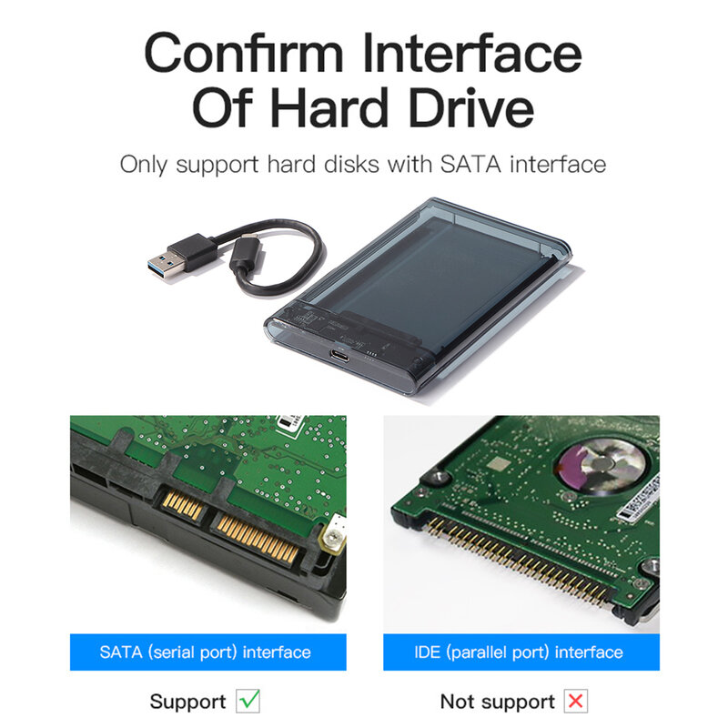 Caja de disco duro móvil USB 3,1 tipo C, carcasa externa transparente de 8TB, 2,5 pulgadas, SATA, 1/2/3, HDD, SSD, para ordenador portátil y PC