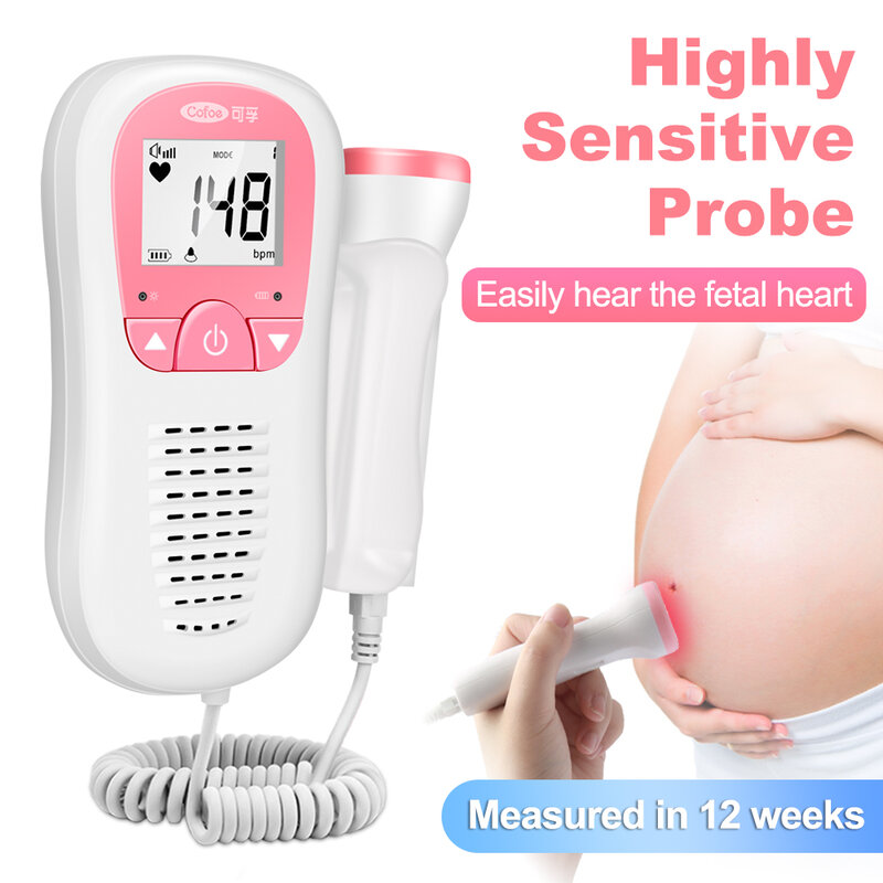Cofoe fetal doppler detector de batimento cardíaco do bebê para monitor de batimento cardíaco lcd retroiluminação medidor de pulso sem radiação estetoscópio