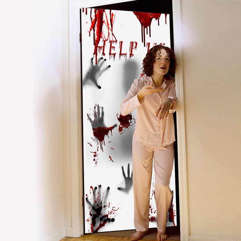 Affiche de fenêtre imprimée de sang pour Halloween, couverture de porte, décoration de fête pour décor de maison hantée