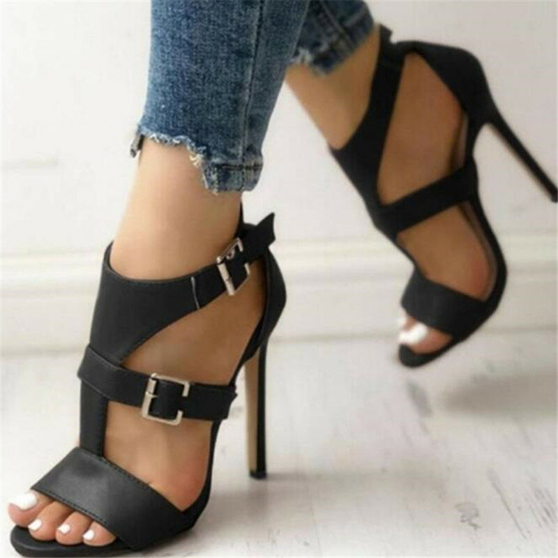Kobiety sandały letnie Gladiator grzywny wysokie obcasy skórzane Peep Toes klamra na kostce pasek kobieta Party buty czarne Sandalia Mujer 2020