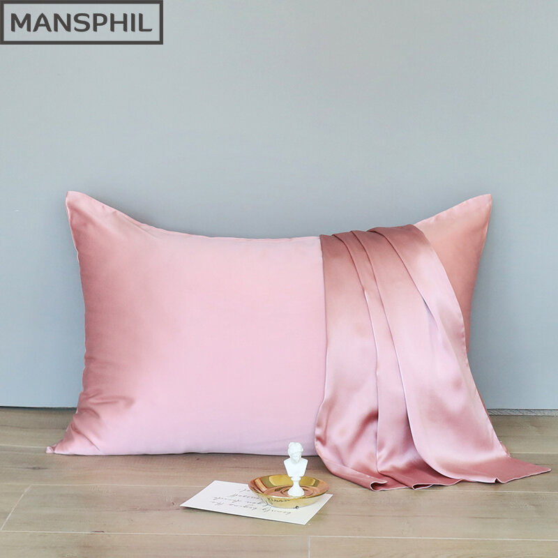 Housse de coussin en soie Pure 100%, taie d'oreiller avec fermeture éclair, couleur unie, luxe, taille Standard Queen, série manspil rose