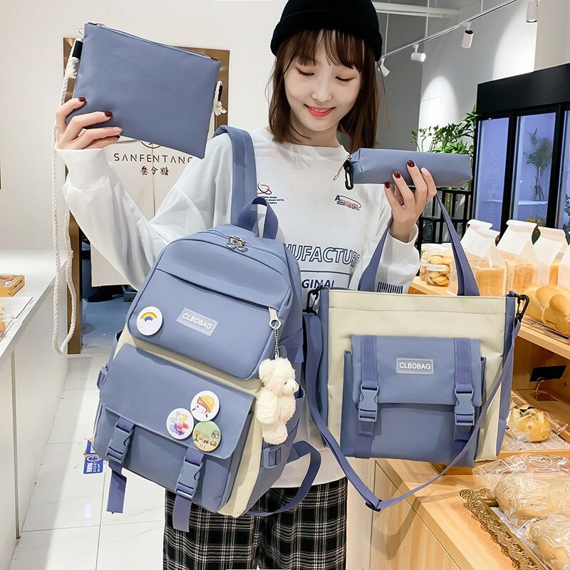 4 pçs conjunto escola mochila harajuku mochila feminina escola mochilas de lona do portátil mochilas escolares para meninas estudantes conjunto