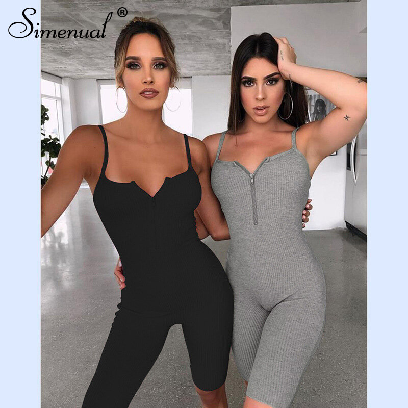 Simenual Ribbed Zipper Biker Shorts Rompers Womens Jumpsuit Strap Sporty Workout Active Wear Fashion Casual Bodycon Playsuits